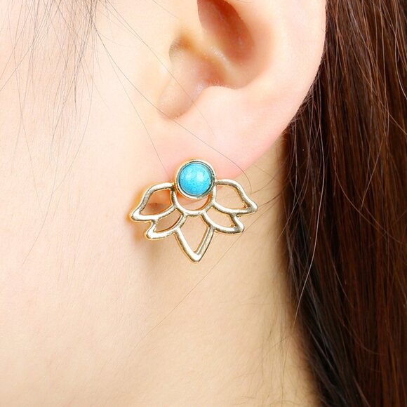3/$35 Dainty Gold Turquoise Blue Flower Ear Studs Earrings Jewelry - Picture 1 of 6